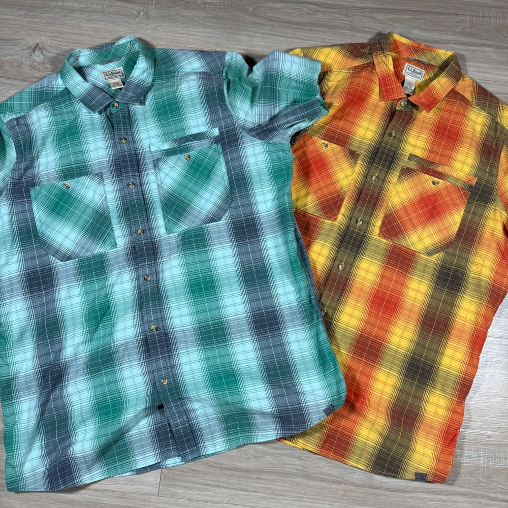Lot of 2 LL Bean Plaid Multicolor Button Up Shirts Work Pockets‎ Size XLT Tall